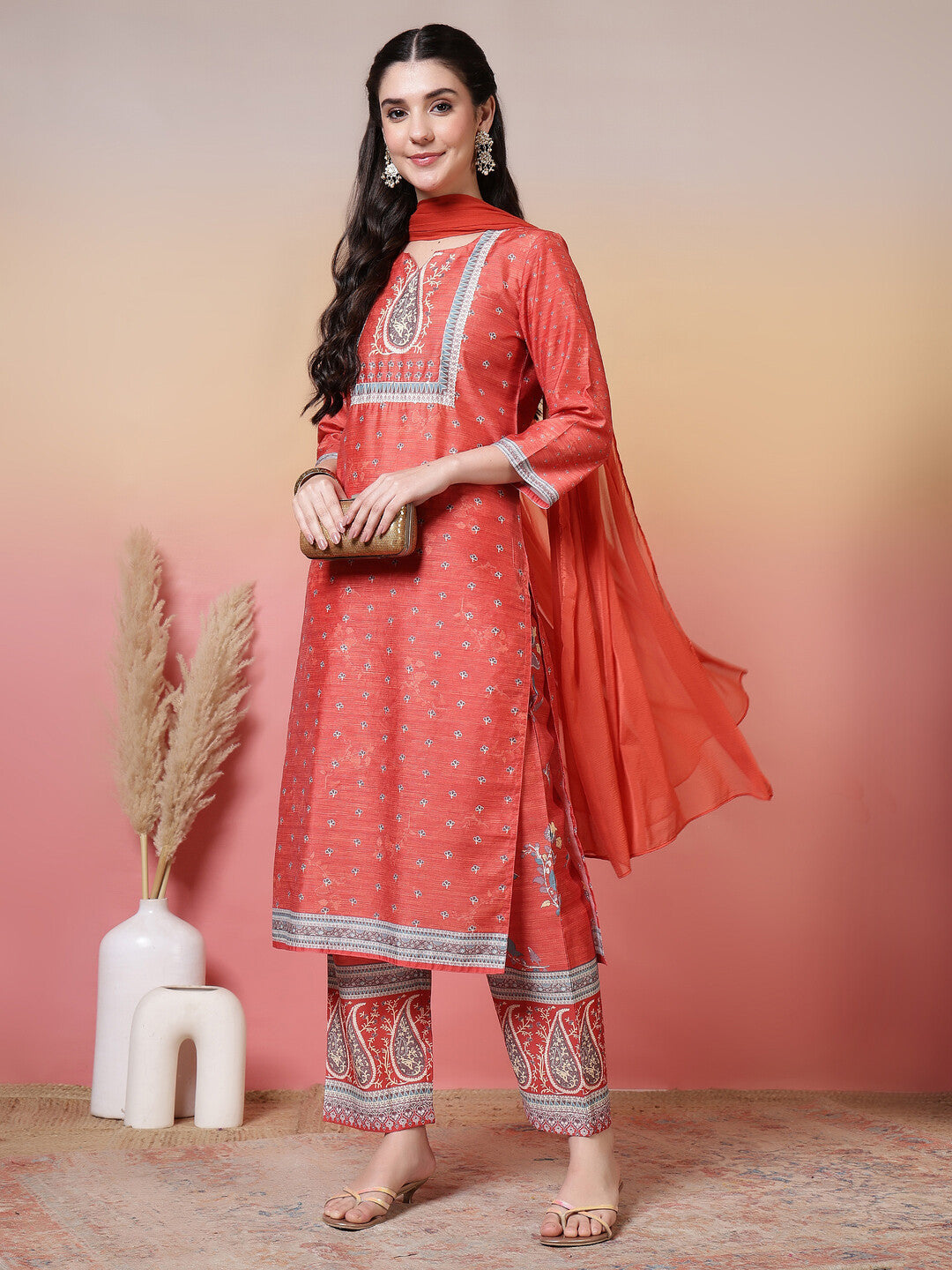 Floral Embroidered Straight Kurta & Trousers Sets