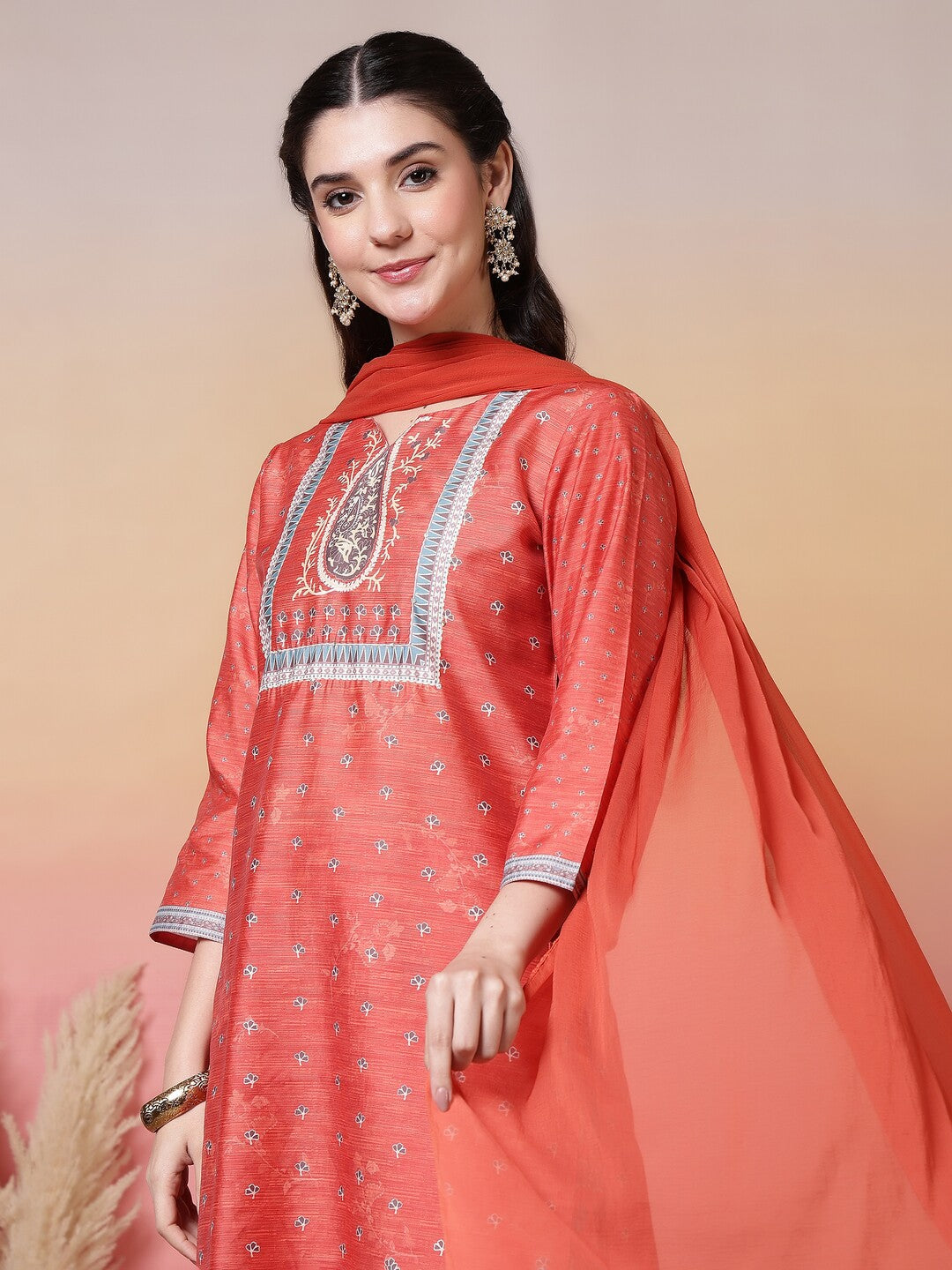 Floral Embroidered Straight Kurta & Trousers Sets