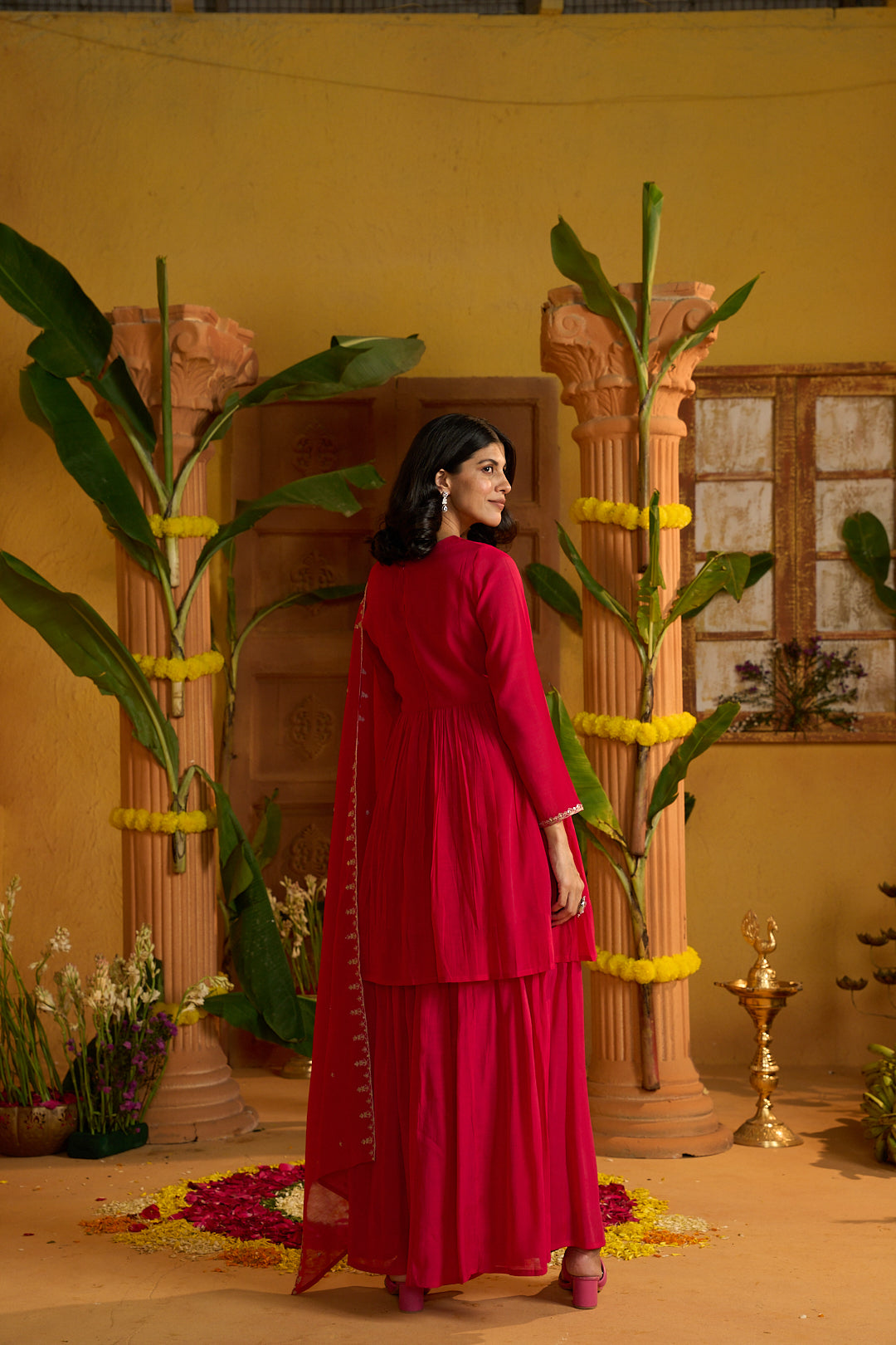 Floral Embroidered A-Line Chanderi Cotton Kurta & Sharara Sets