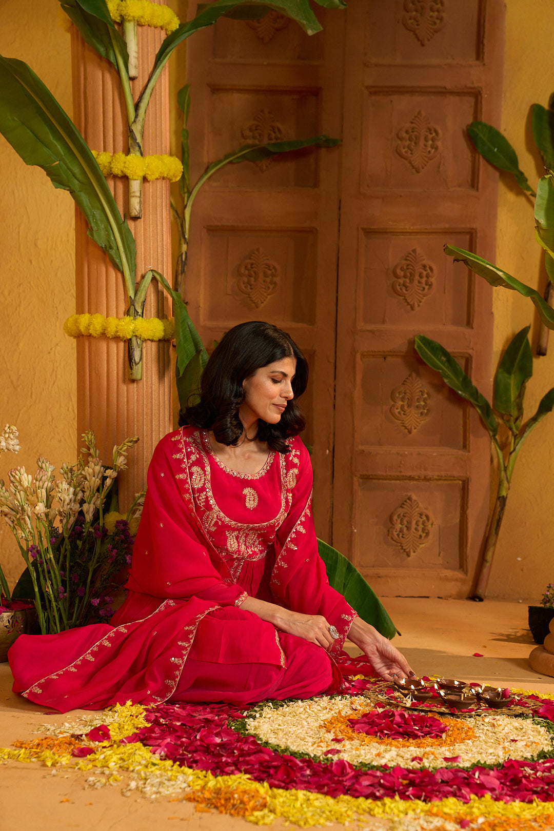 Floral Embroidered A-Line Chanderi Cotton Kurta & Sharara Sets