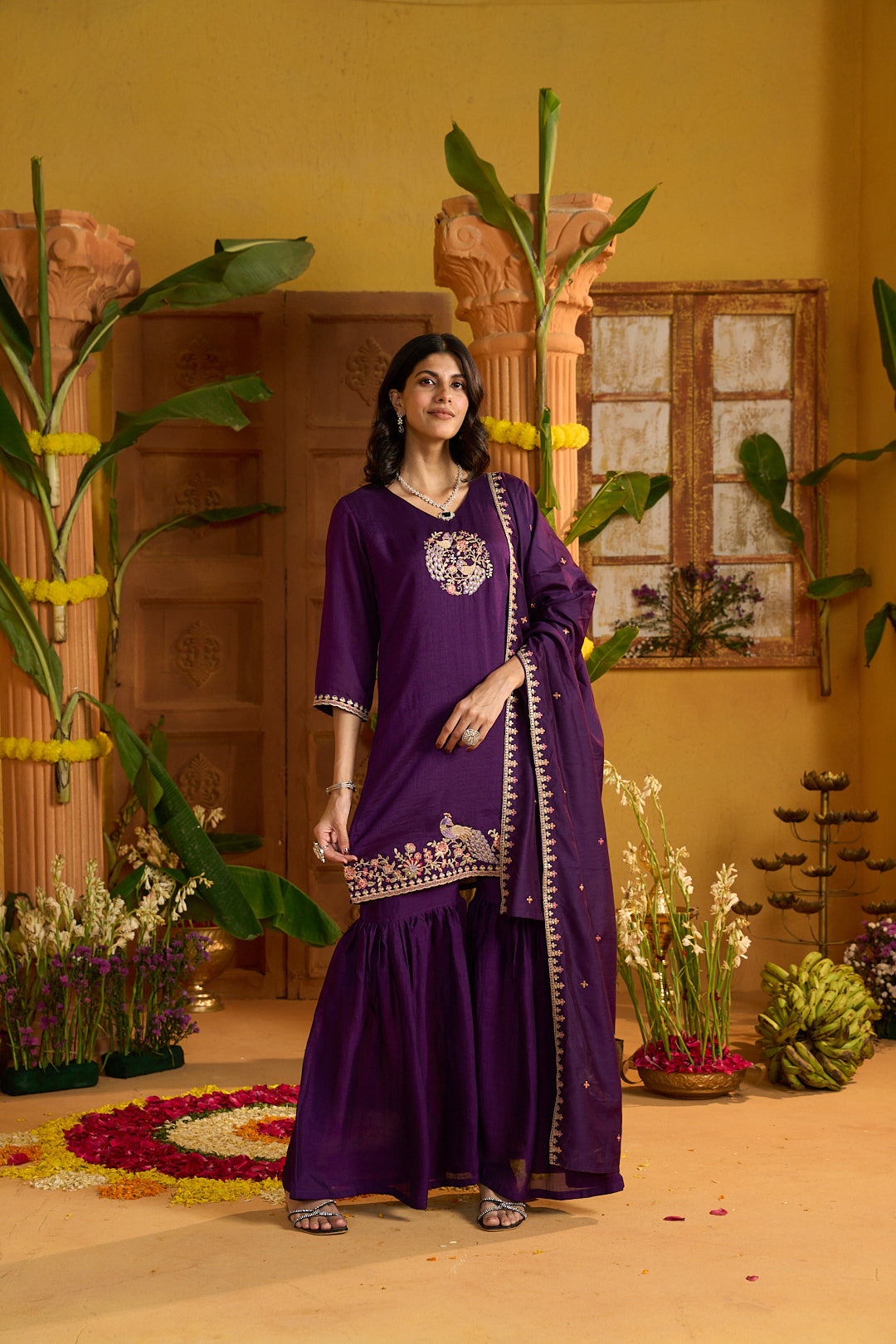 Floral Embroidered A-Line Silk Blend Kurta & Sharara Sets