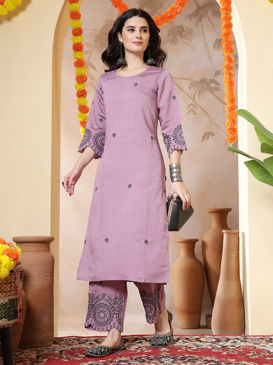 Floral Embroidered Straight Kurta & Trousers Sets