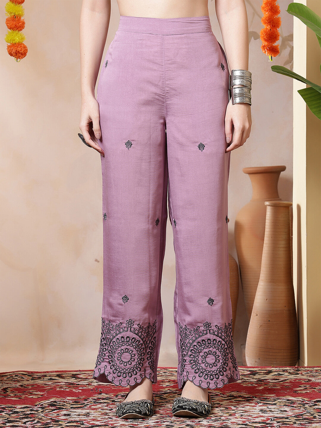 Floral Embroidered Straight Kurta & Trousers Sets