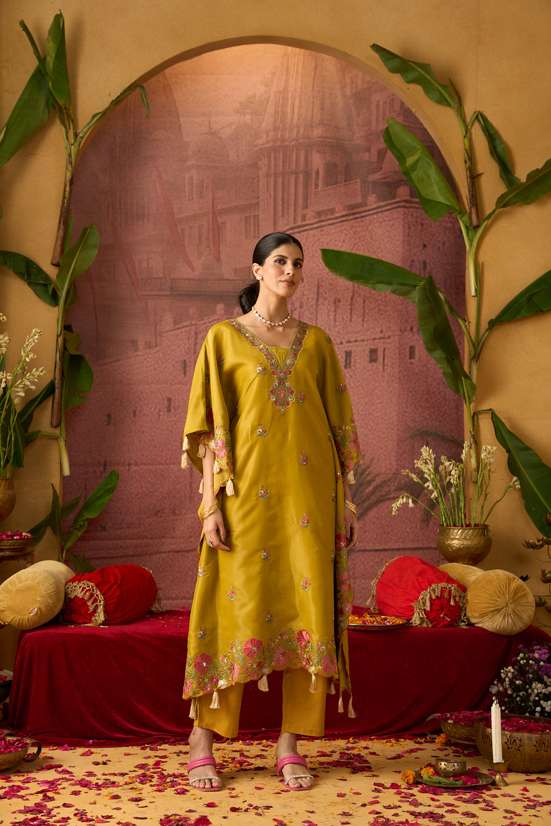 Floral Embroidered A-Line Tissue Kurta & Trousers Sets