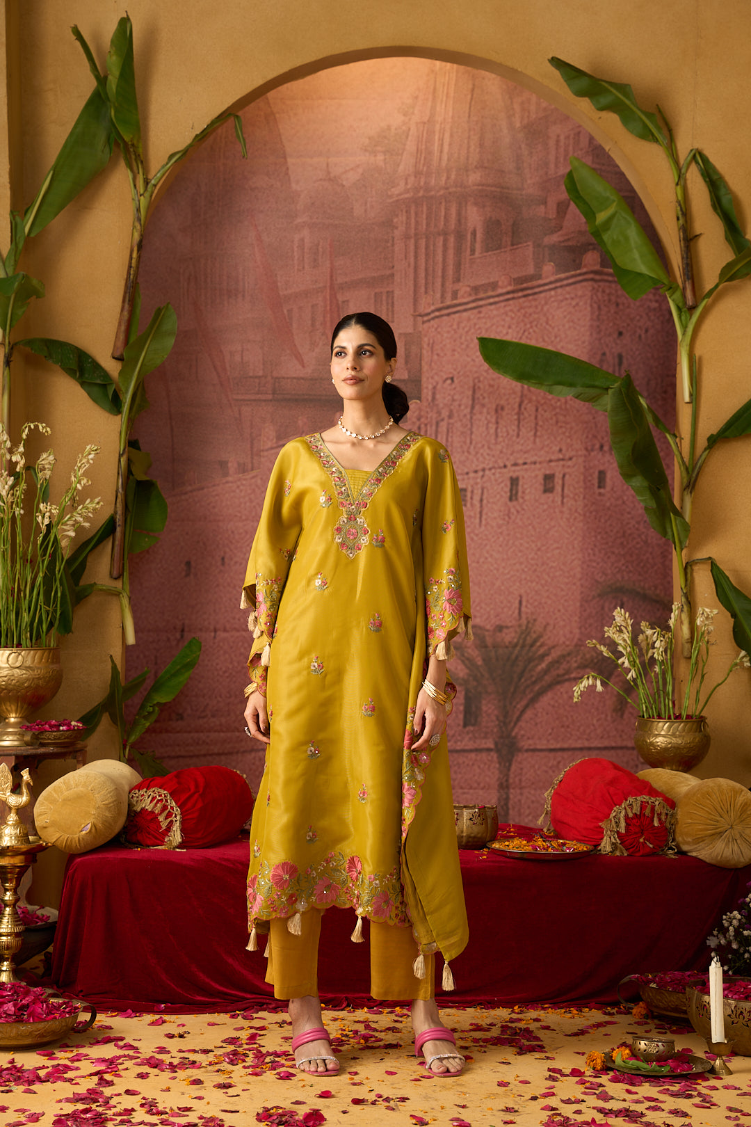 Floral Embroidered A-Line Tissue Kurta & Trousers Sets