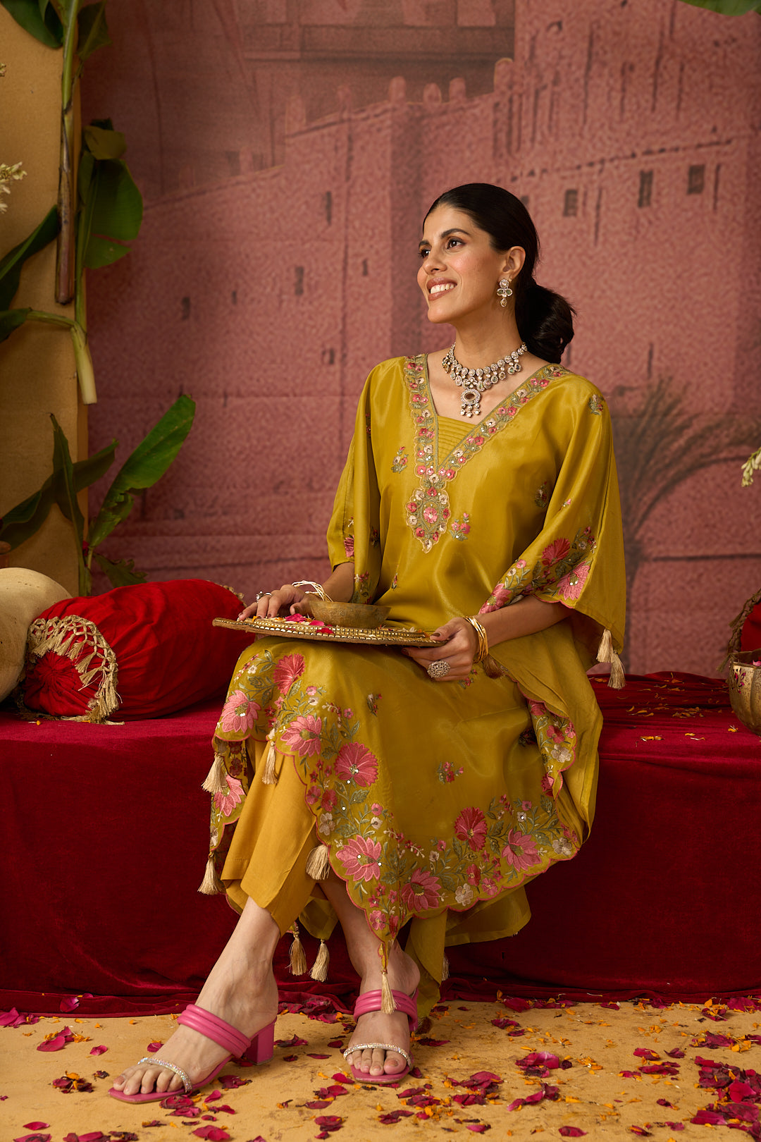 Floral Embroidered A-Line Tissue Kurta & Trousers Sets