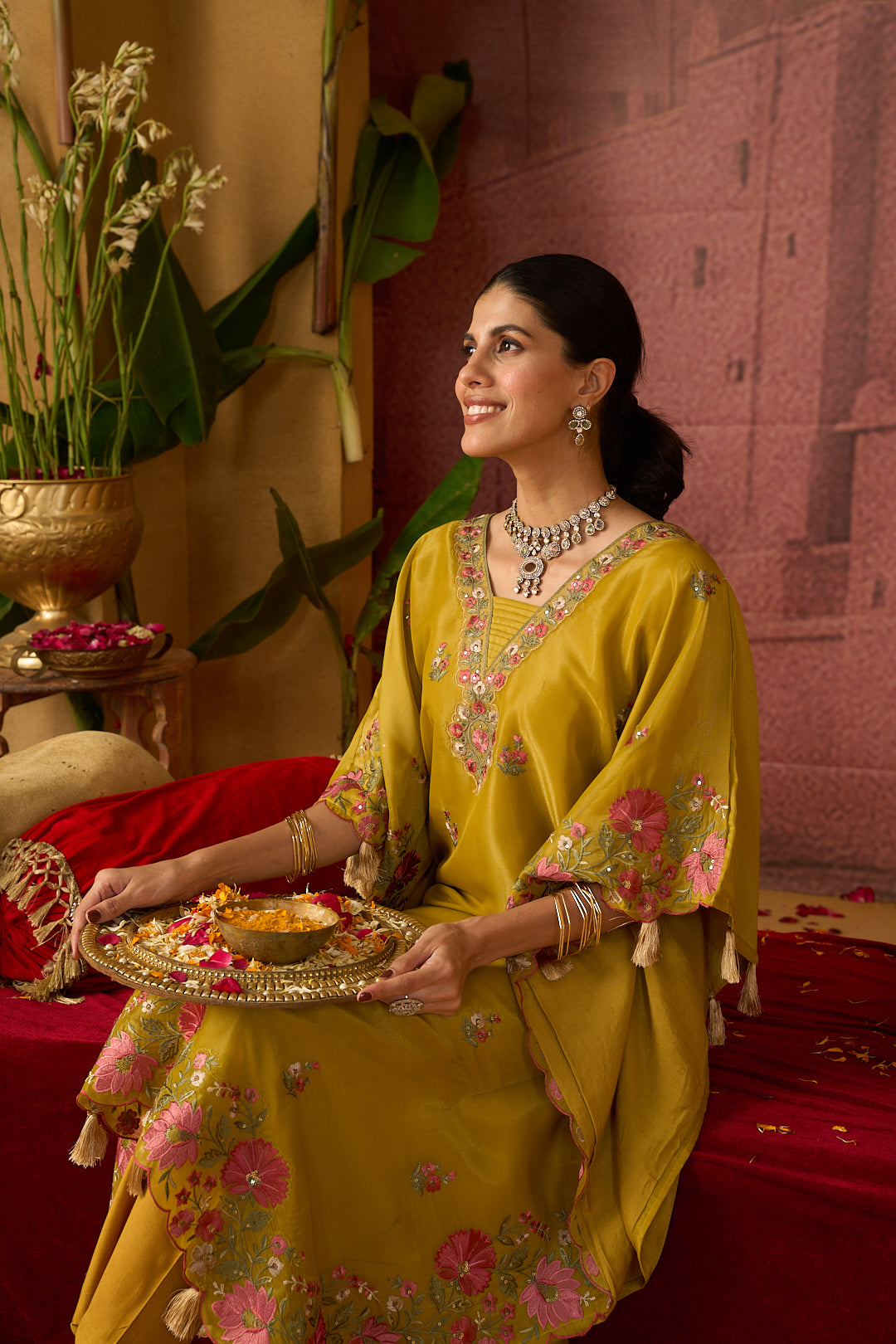 Floral Embroidered A-Line Tissue Kurta & Trousers Sets