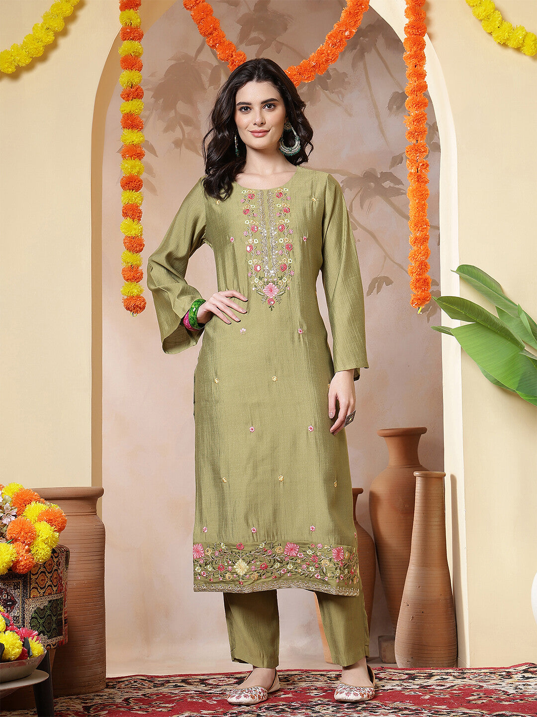 Floral Embroidered Straight Kurta & Trousers Sets