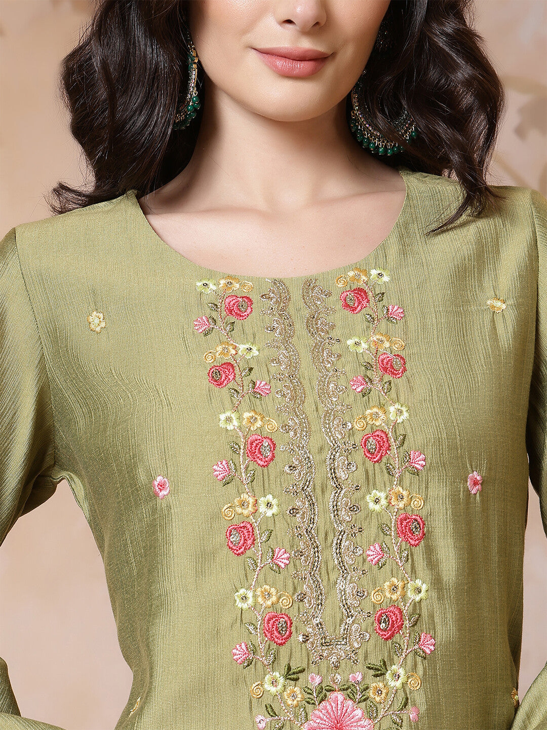 Floral Embroidered Straight Kurta & Trousers Sets