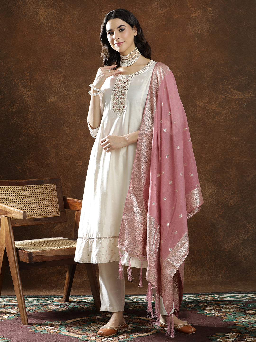Floral Embroidered A-Line Kurta & Trousers Sets