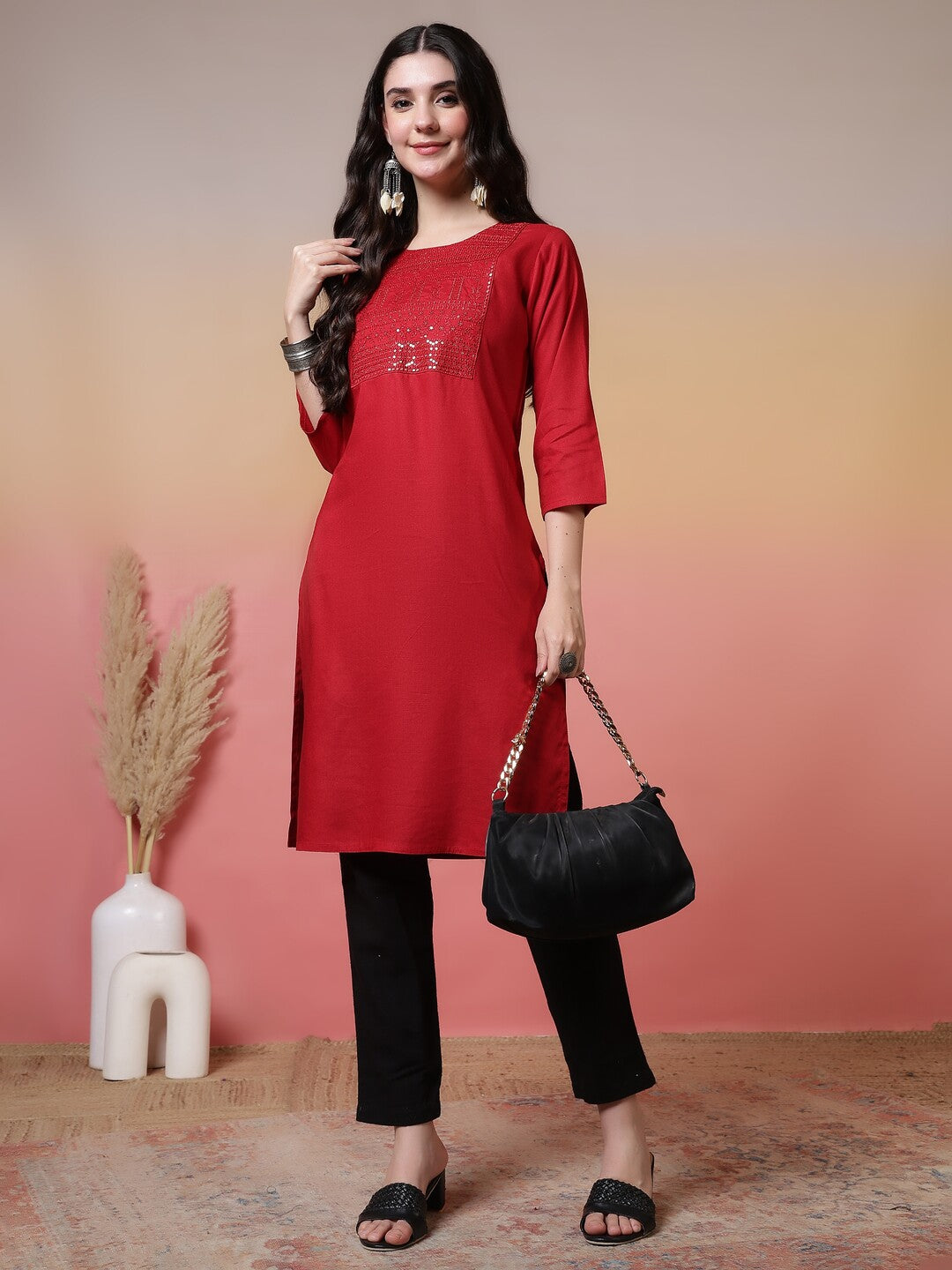 Solid Embroidered Straight Kurta