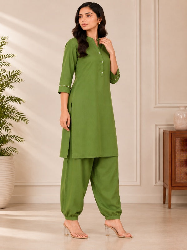 Solid Embroidered Straight Kurta & Salwar Sets