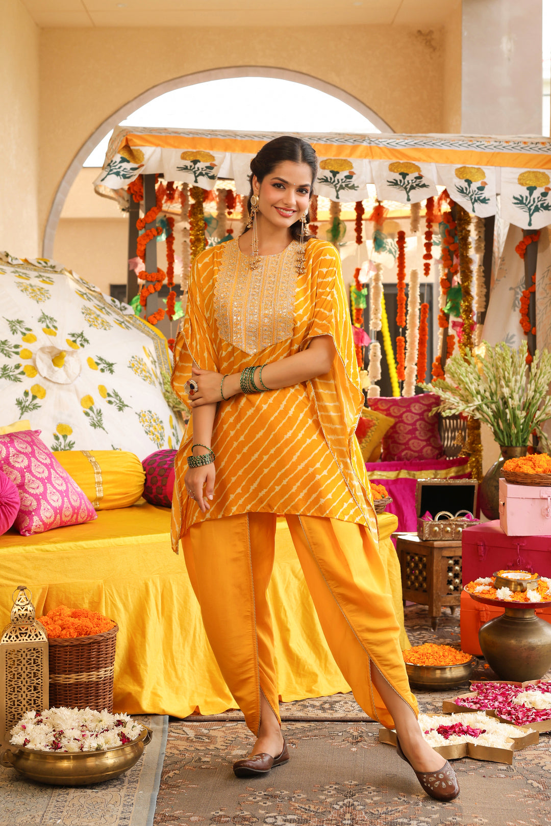 Leheriya Embroidered Kaftan Kurta & Dhoti Pants Sets