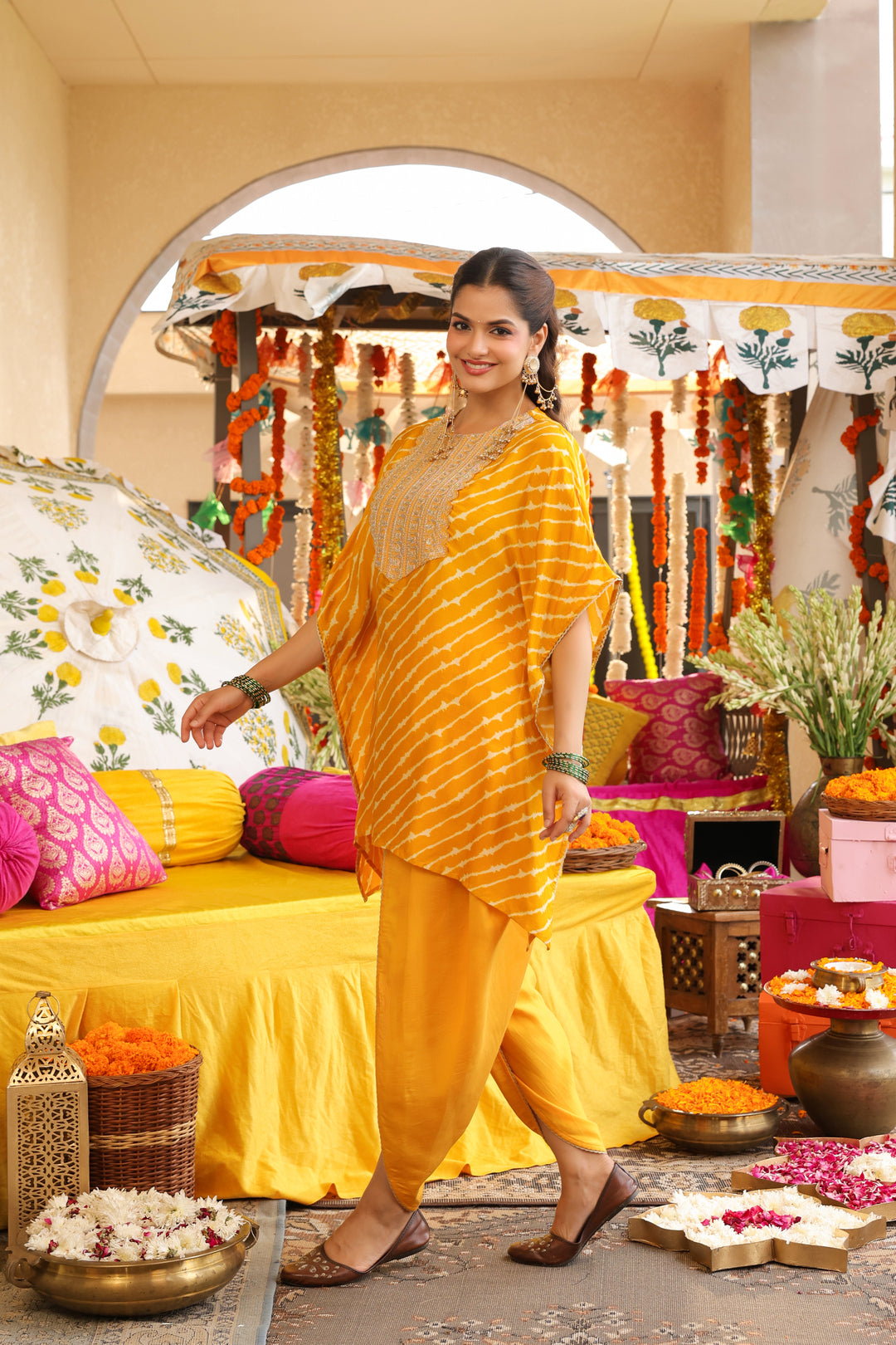 Leheriya Embroidered Kaftan Kurta & Dhoti Pants Sets