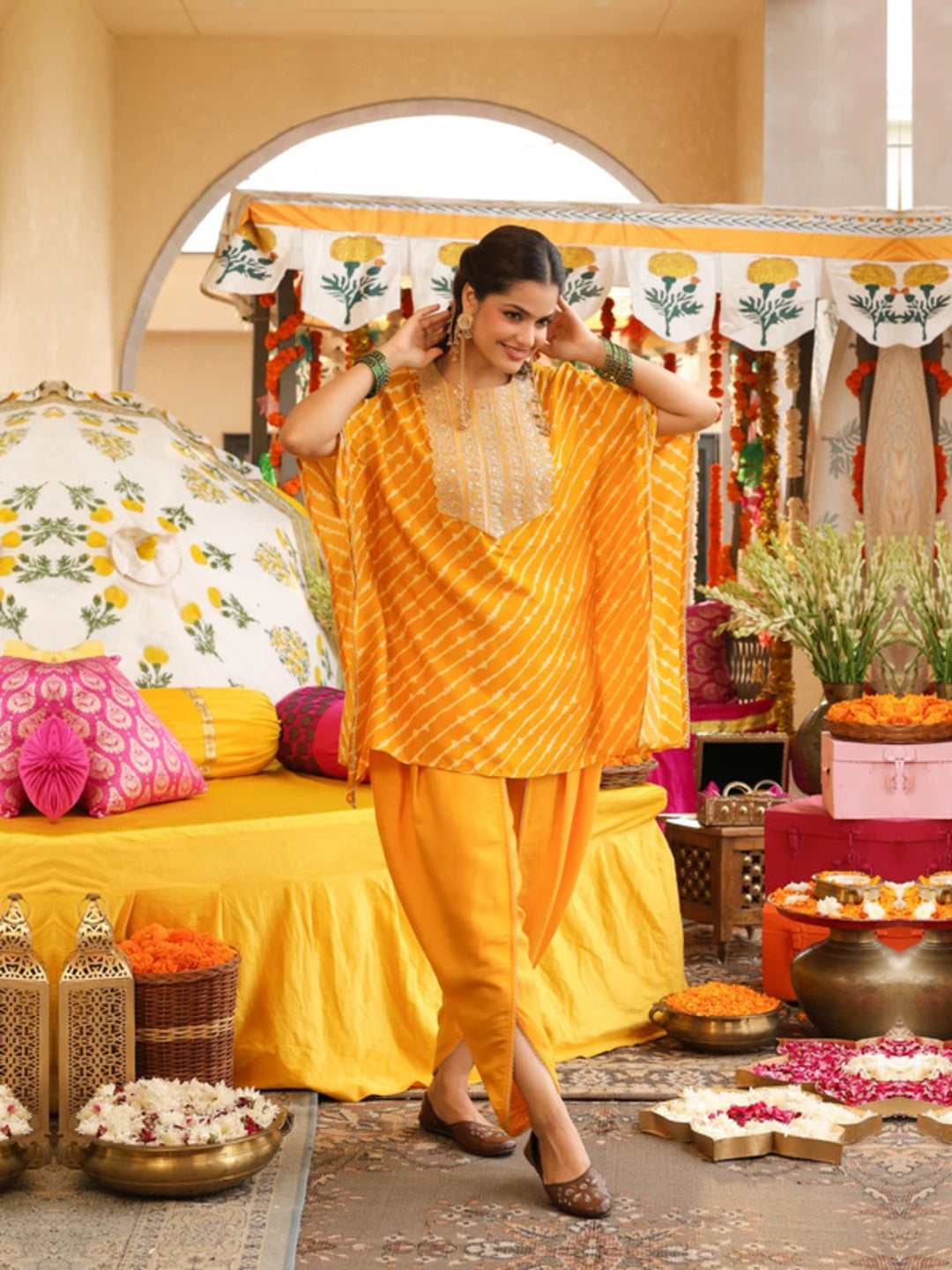 Leheriya Embroidered Kaftan Kurta & Dhoti Pants Sets