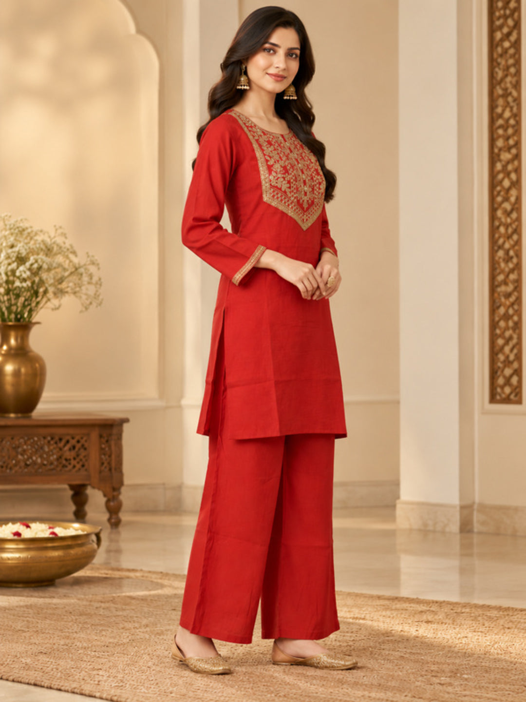 Floral Embroidered Straight Silk Blend Kurta & Trousers Sets