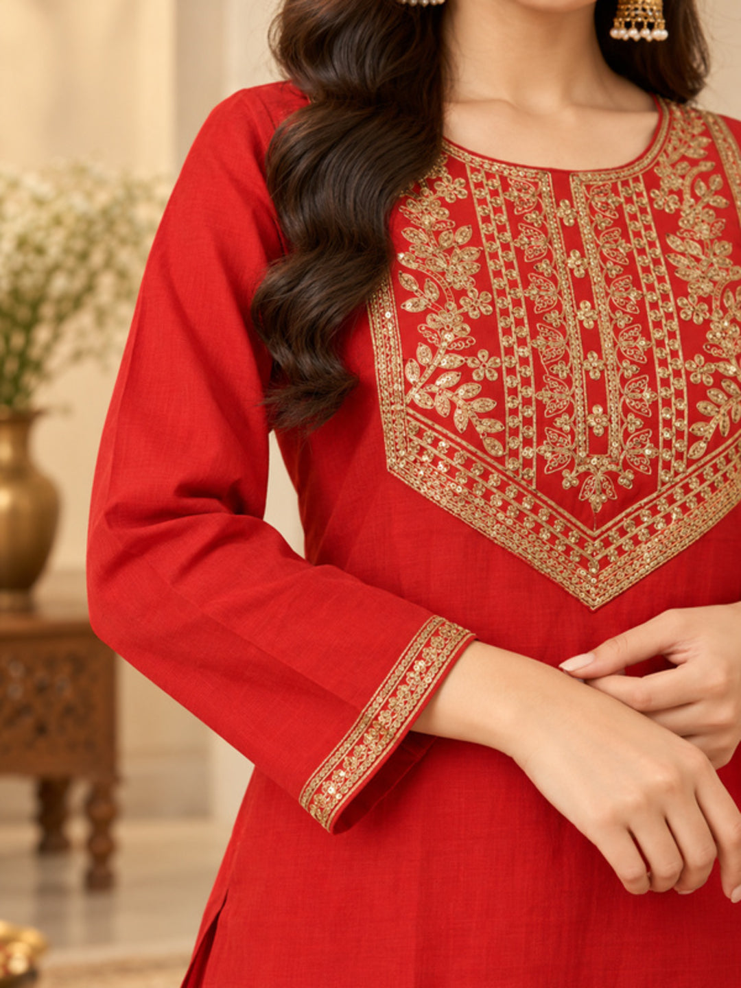 Floral Embroidered Straight Silk Blend Kurta & Trousers Sets