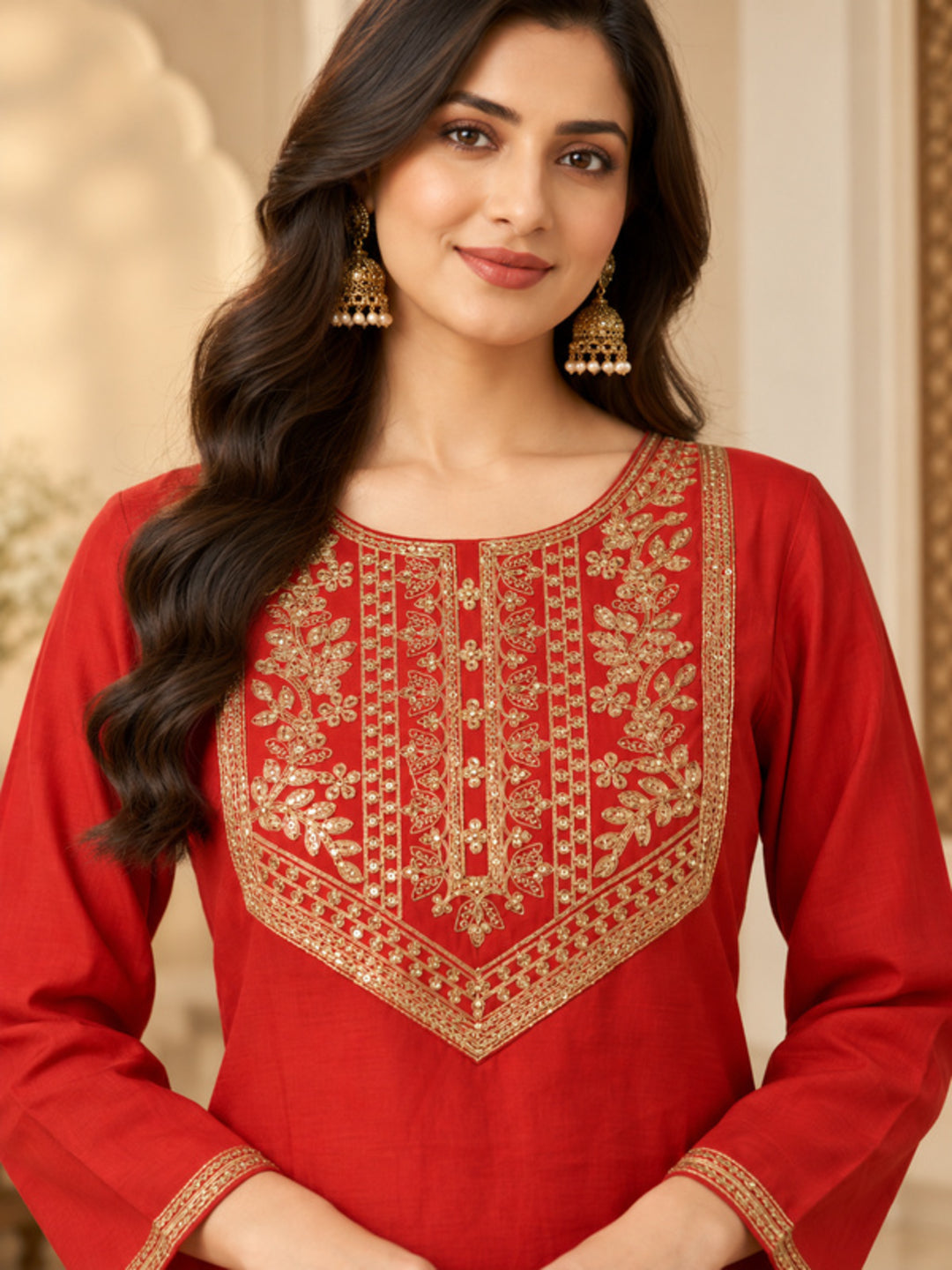 Floral Embroidered Straight Silk Blend Kurta & Trousers Sets