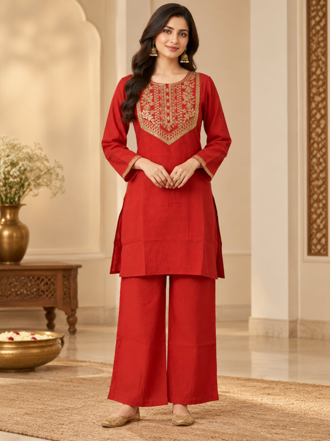 Floral Embroidered Straight Silk Blend Kurta & Trousers Sets