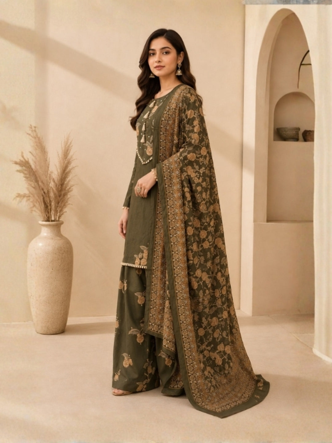 Floral Embroidered Straight Pure Cotton Kurta & Farshi Salwar Sets