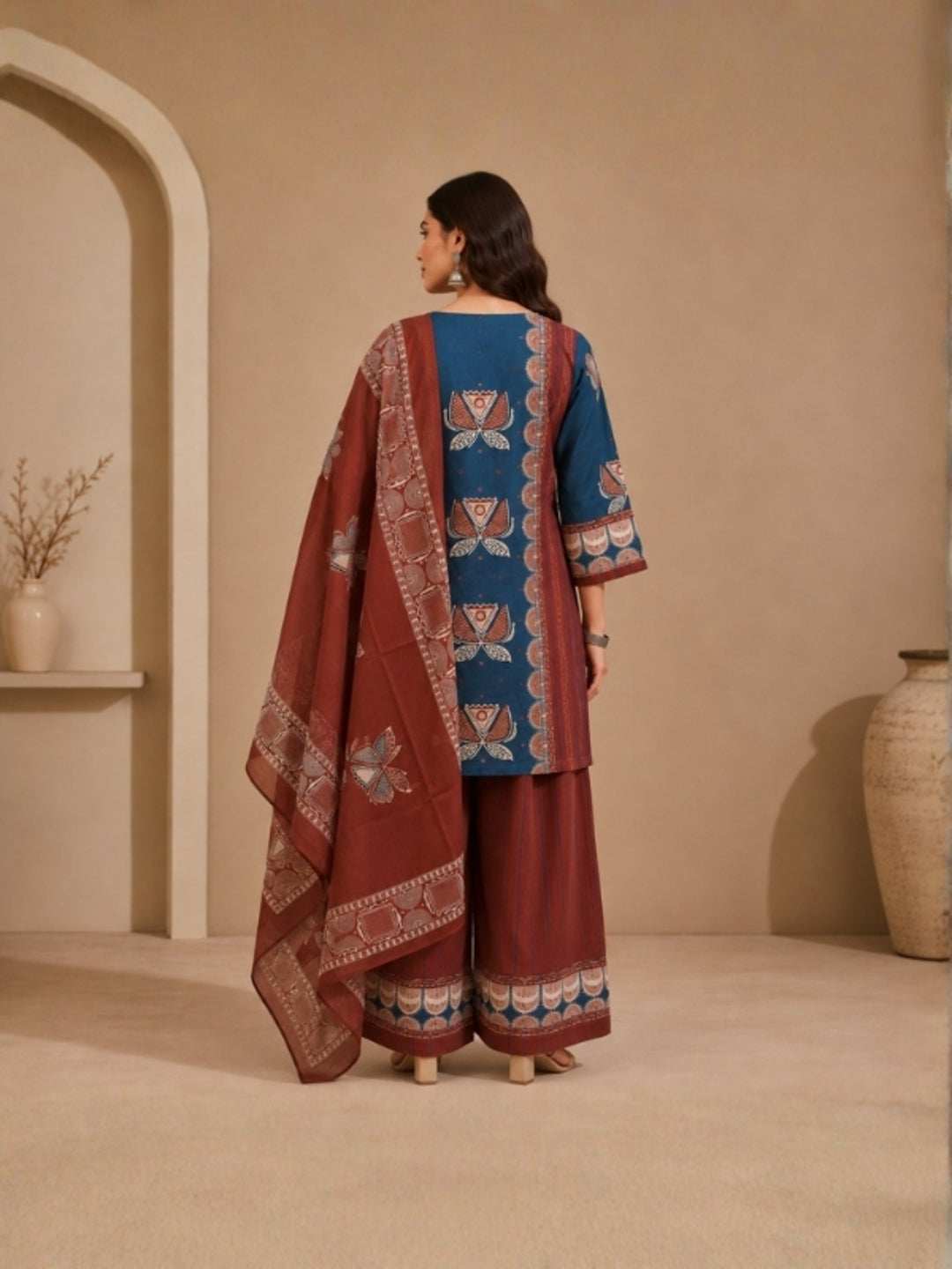 Floral Embroidered Straight Pure Cotton Kurta & Farshi Palazzos Sets