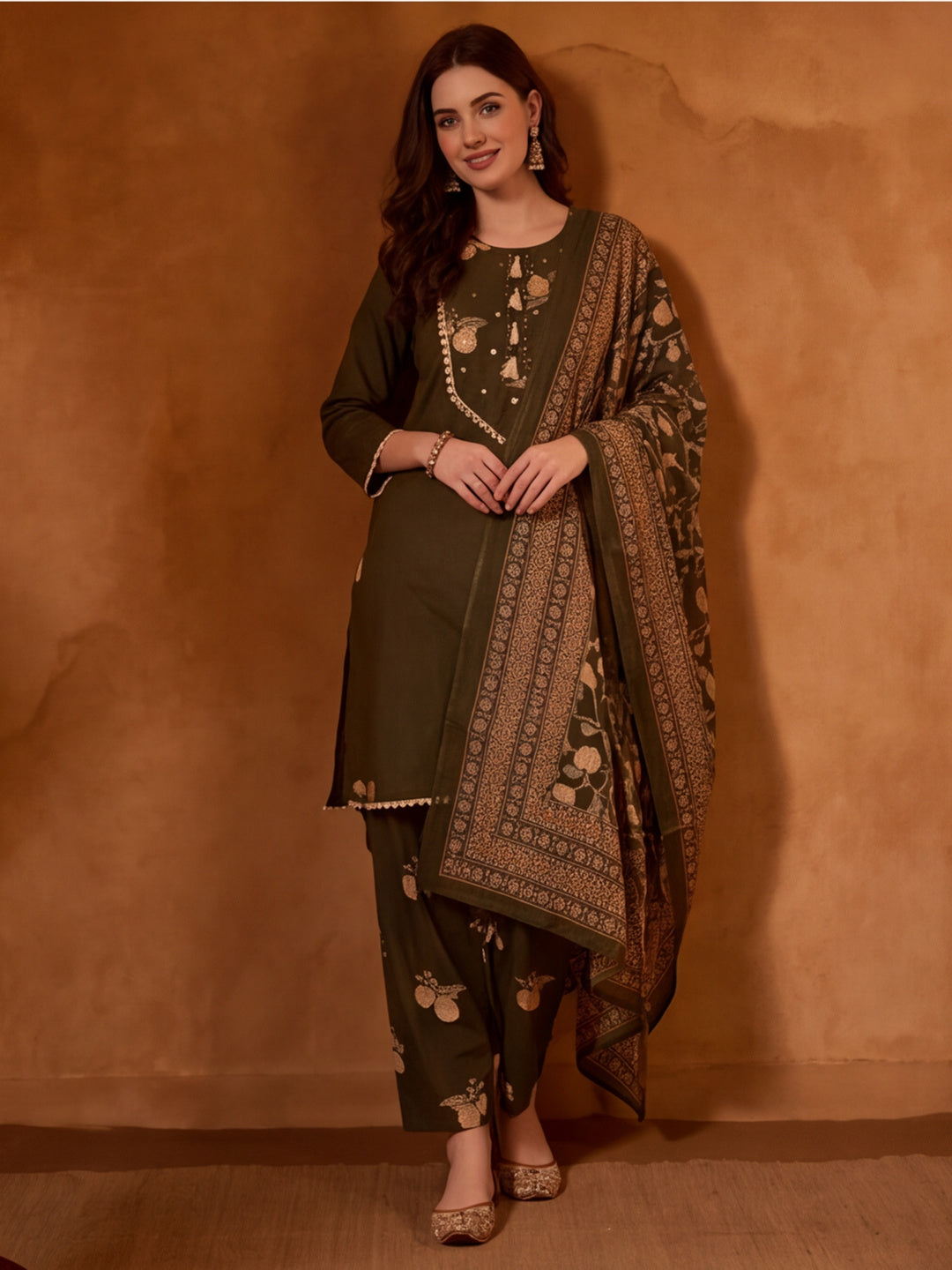 Floral Embroidered A-Line Pure Cotton Kurta & Farshi Salwar Sets