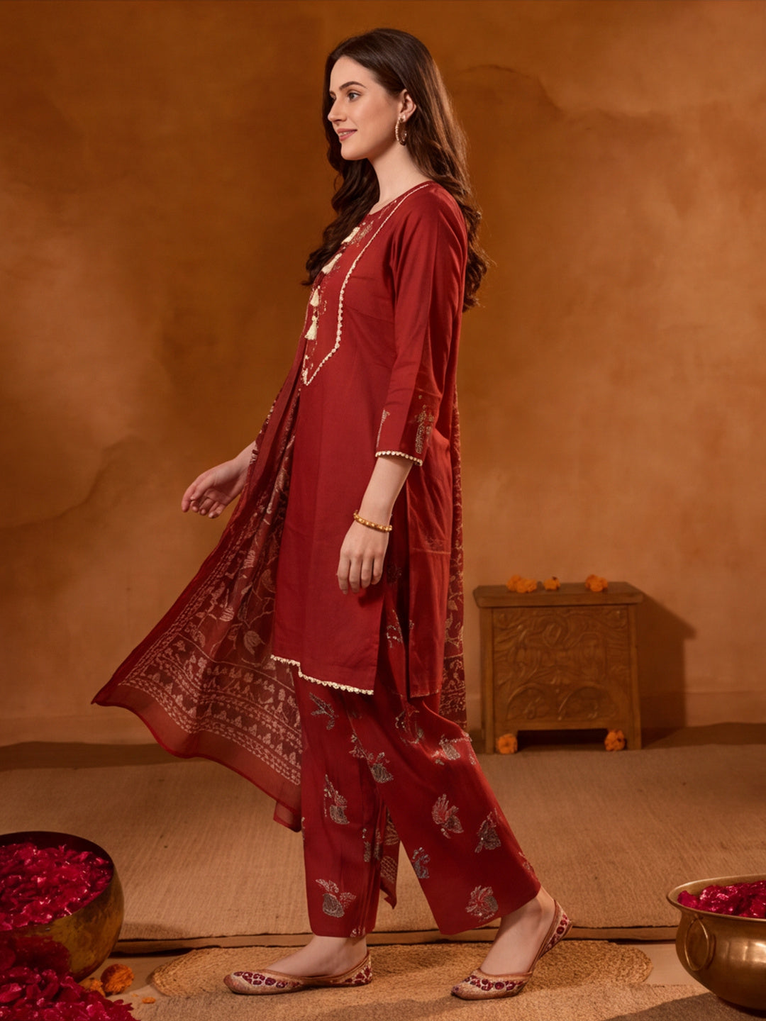 Floral Embroidered A-Line Pure Cotton Kurta & Farshi Salwar Sets