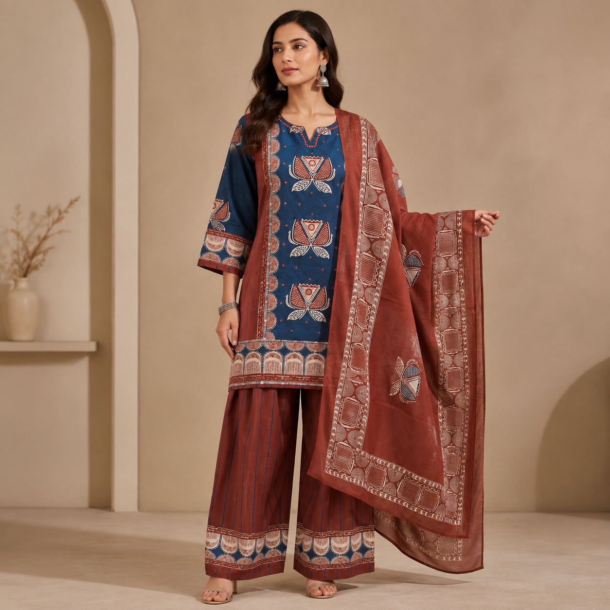 Floral Embroidered Straight Pure Cotton Kurta & Farshi Salwar Sets