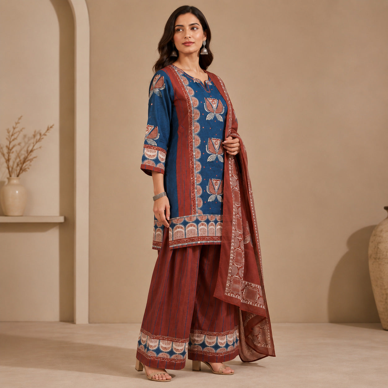 Floral Embroidered Straight Pure Cotton Kurta & Farshi Salwar Sets