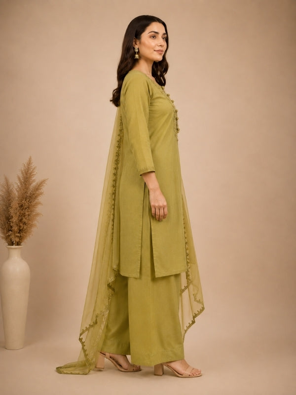 Solid Embroidered Straight Linen Kurta & Palazzos Sets