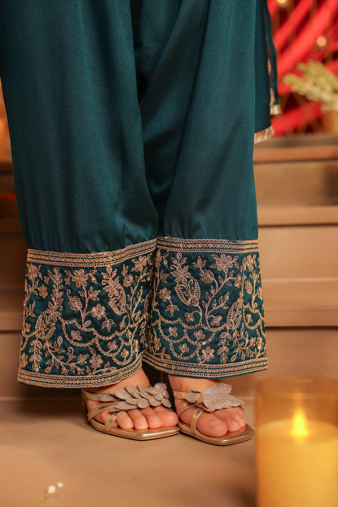 Floral Embroidered Straight Polki Silk Kurta & Farshi Salwar Sets