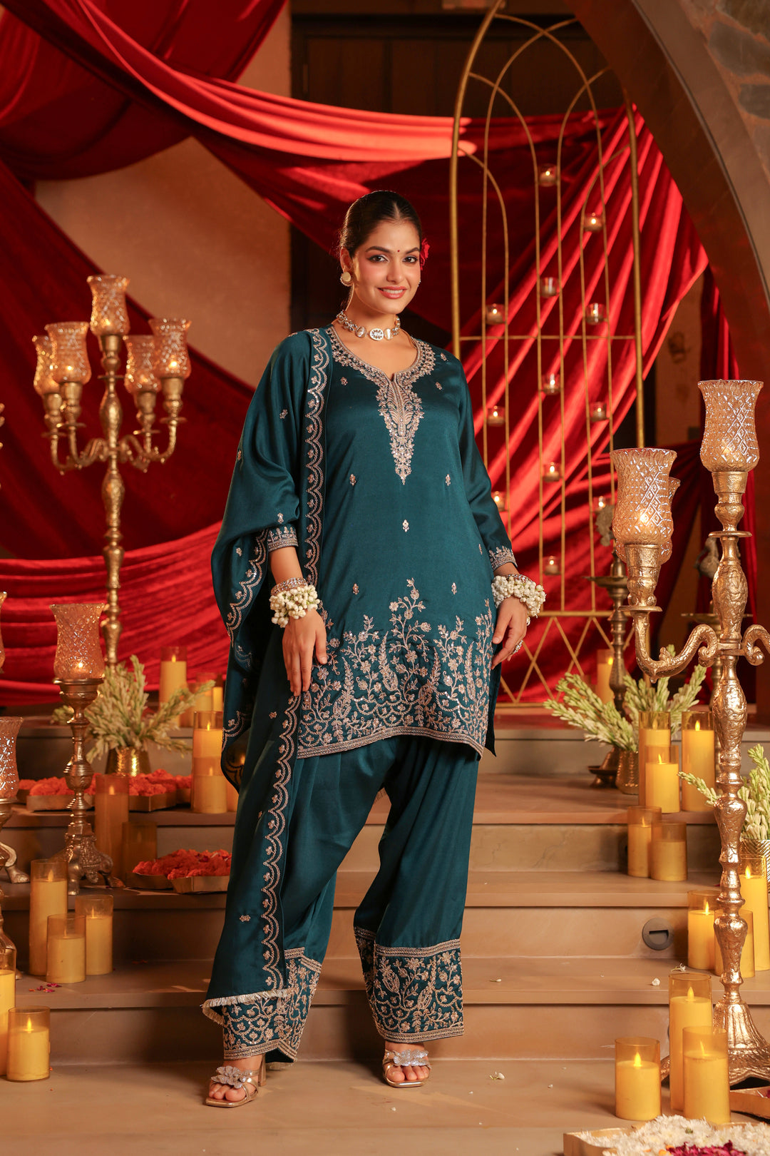 Floral Embroidered Straight Polki Silk Kurta & Farshi Salwar Sets
