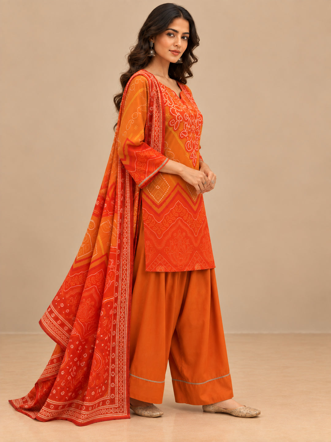 Bandhani Embroidered Straight Kurta & Farshi Salwar Sets