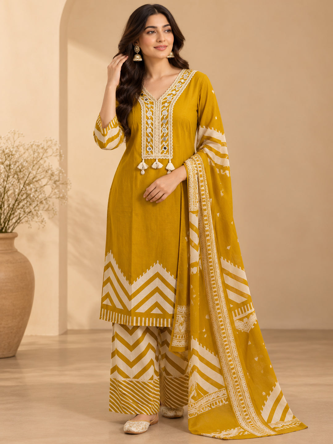 Floral Embroidered Straight Cotton Kurta & Farshi Salwar Sets