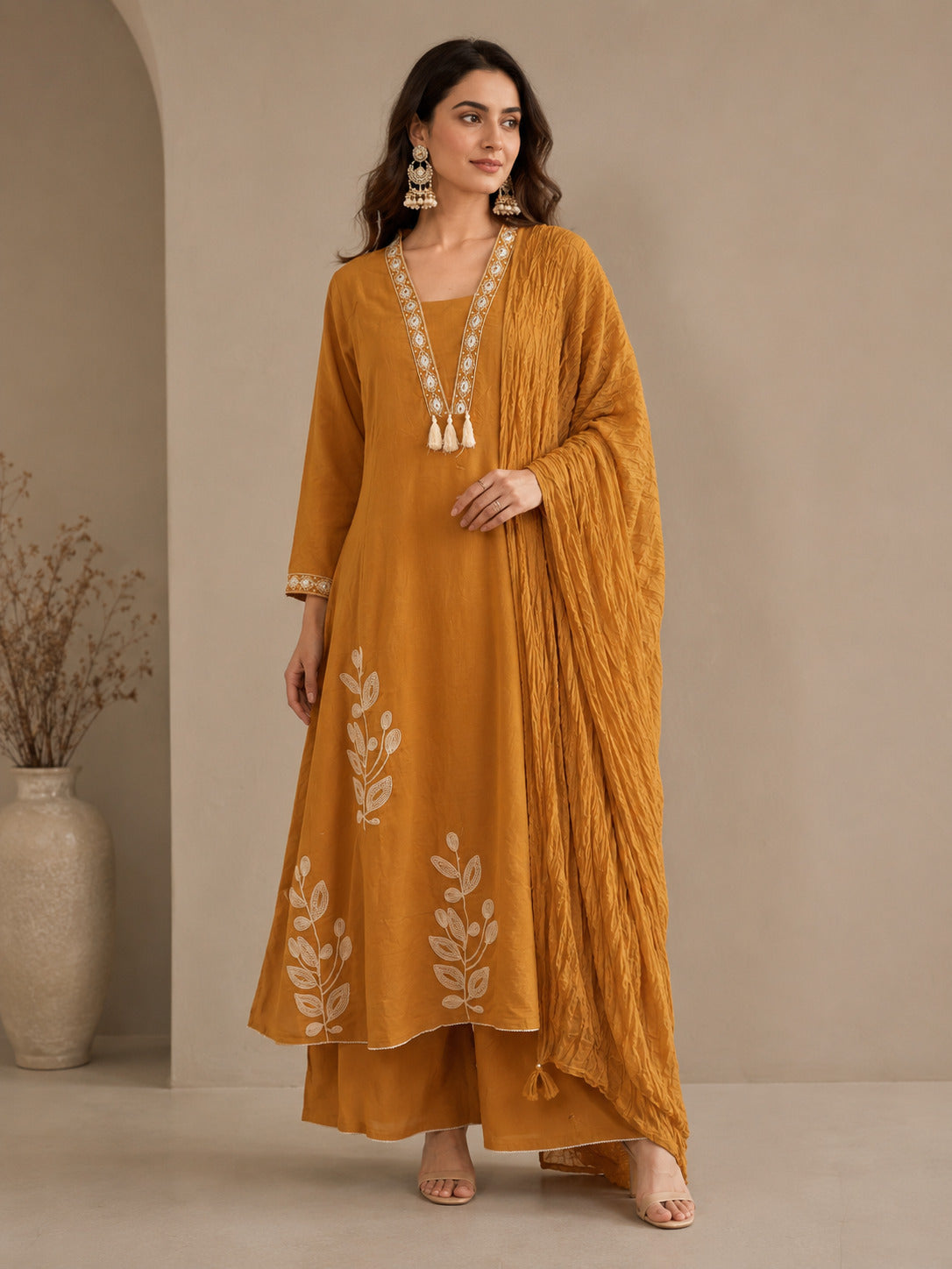 Floral Embroidered A-Line Pure Cotton Kurta & Palazzos Sets