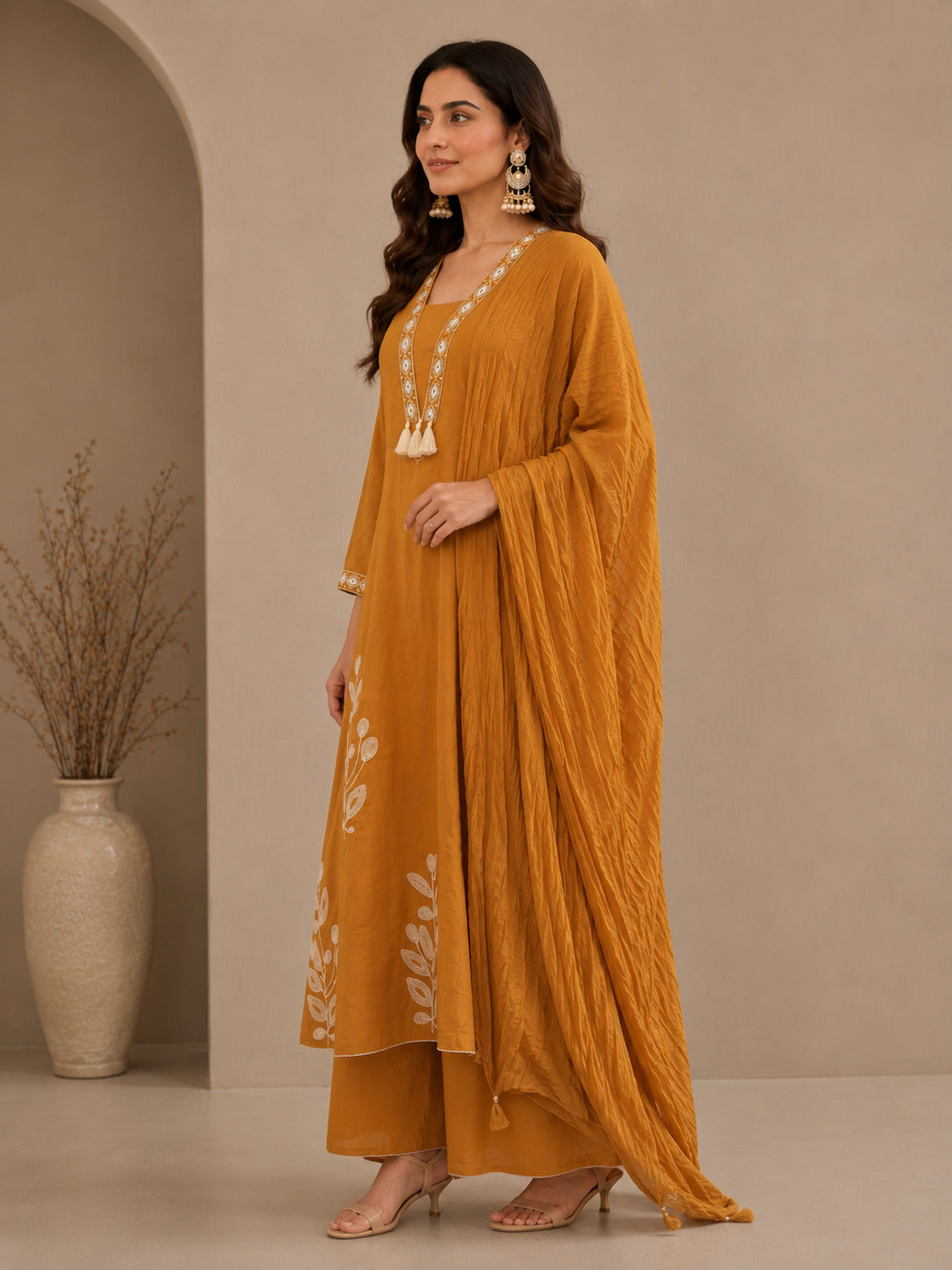 Floral Embroidered A-Line Pure Cotton Kurta & Palazzos Sets