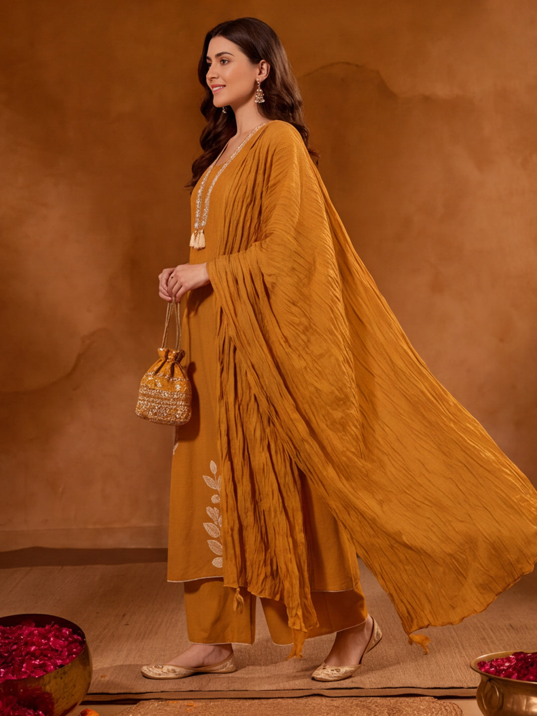 Floral Embroidered A-Line Pure Cotton Kurta & Palazzos Sets