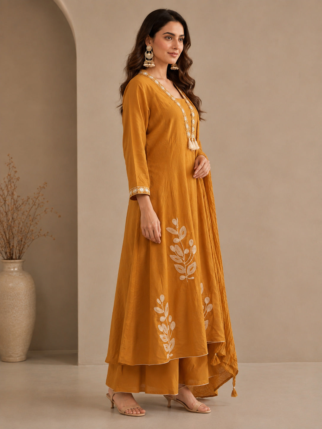Floral Embroidered A-Line Pure Cotton Kurta & Palazzos Sets