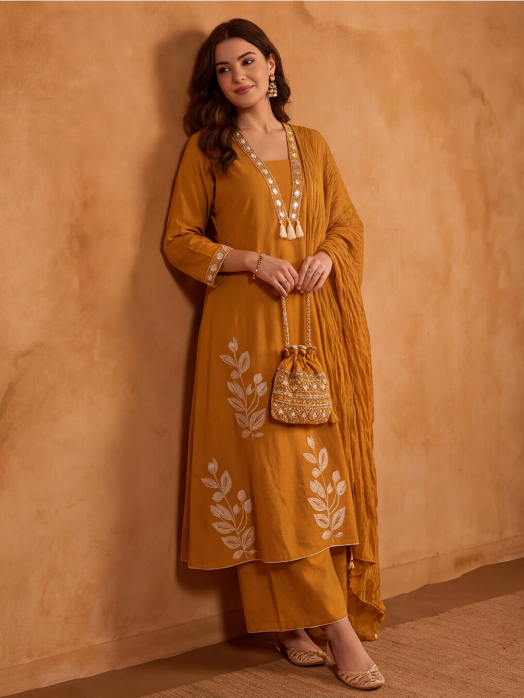 Floral Embroidered A-Line Pure Cotton Kurta & Palazzos Sets