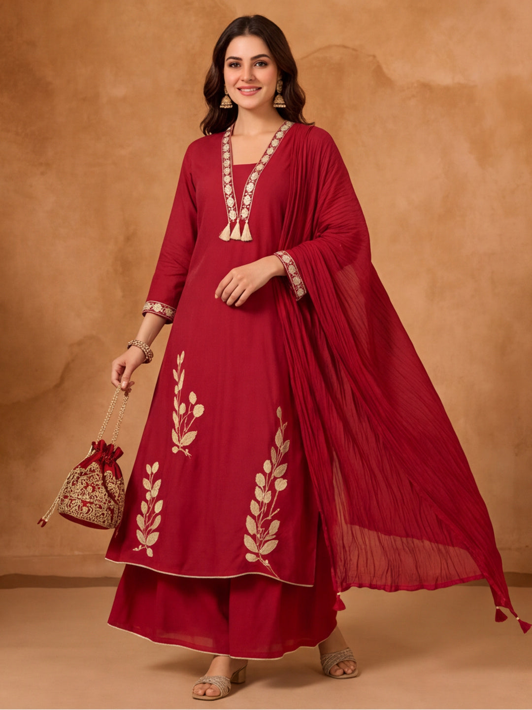 Floral Embroidered A-Line Pure Cotton Kurta & Palazzos Sets
