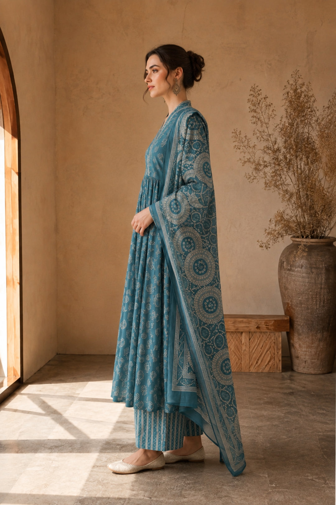 Bandhani Printed A-Line Pure Cotton Kurta & Trousers Sets