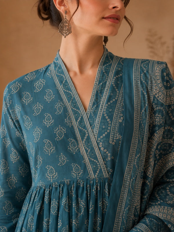 Bandhani Printed A-Line Pure Cotton Kurta & Trousers Sets