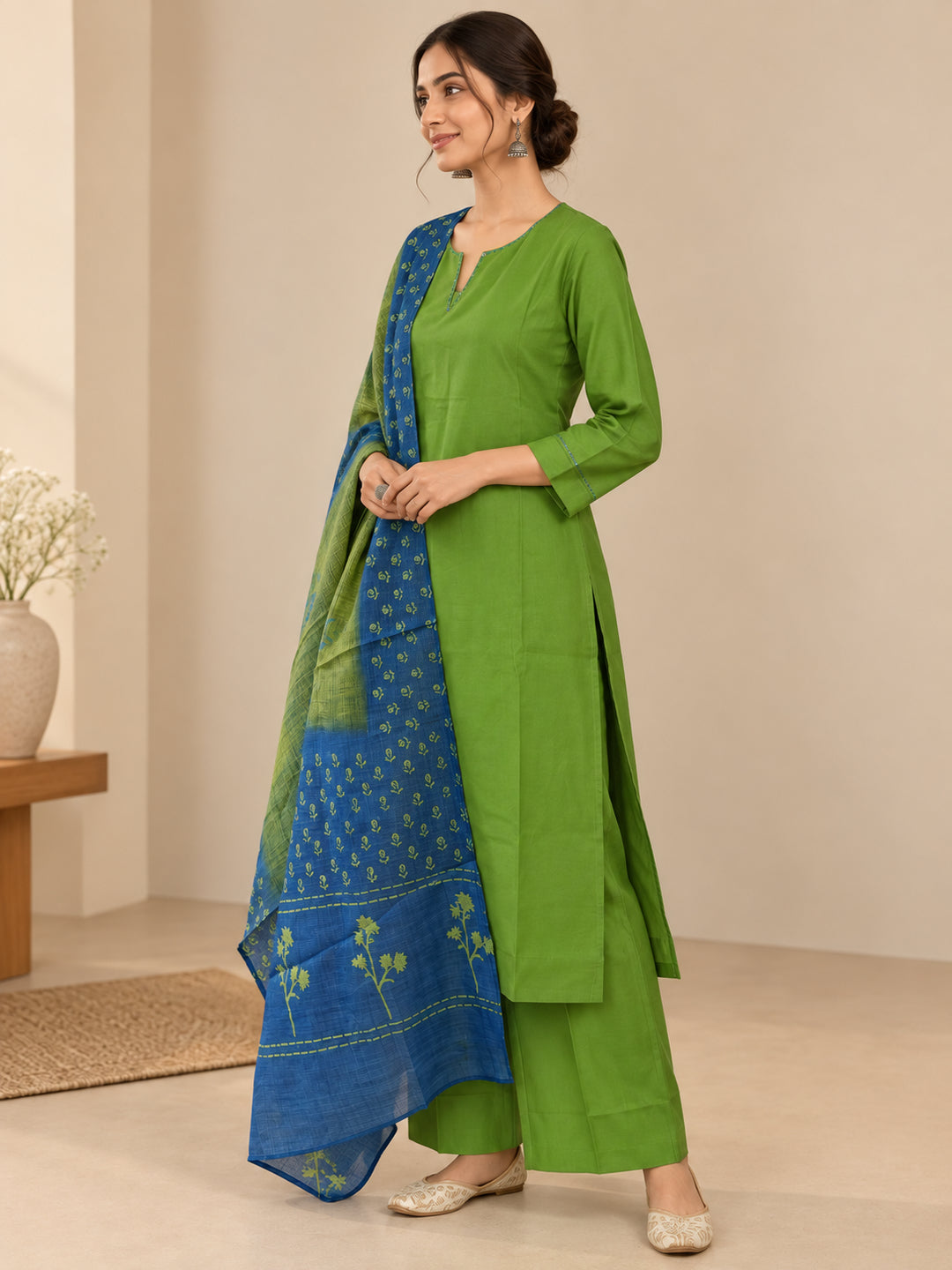 Solid Embroidered Straight Kurta & Trousers Sets