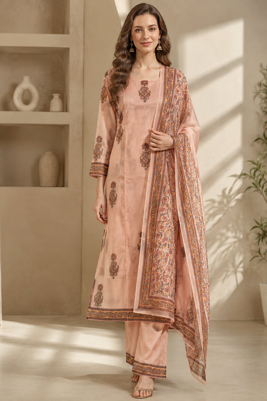 Floral Printed Straight Chanderi Cotton Kurta & Palazzos Sets