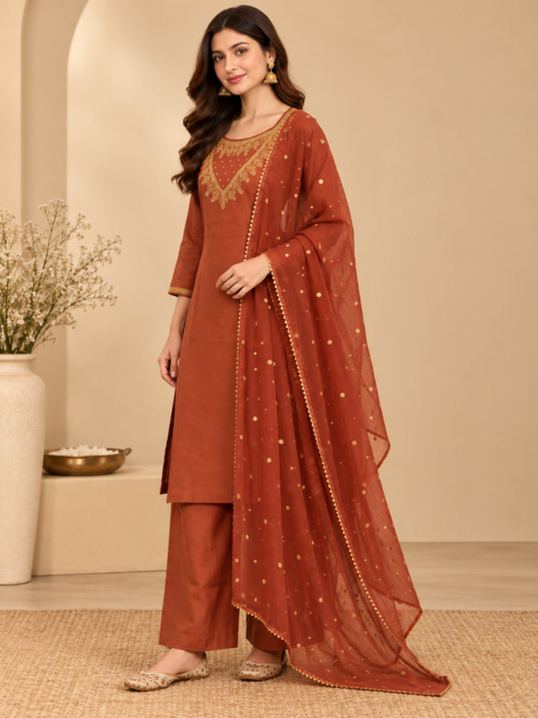 Floral Embroidered Straight Silk Blend Kurta & Trousers Sets