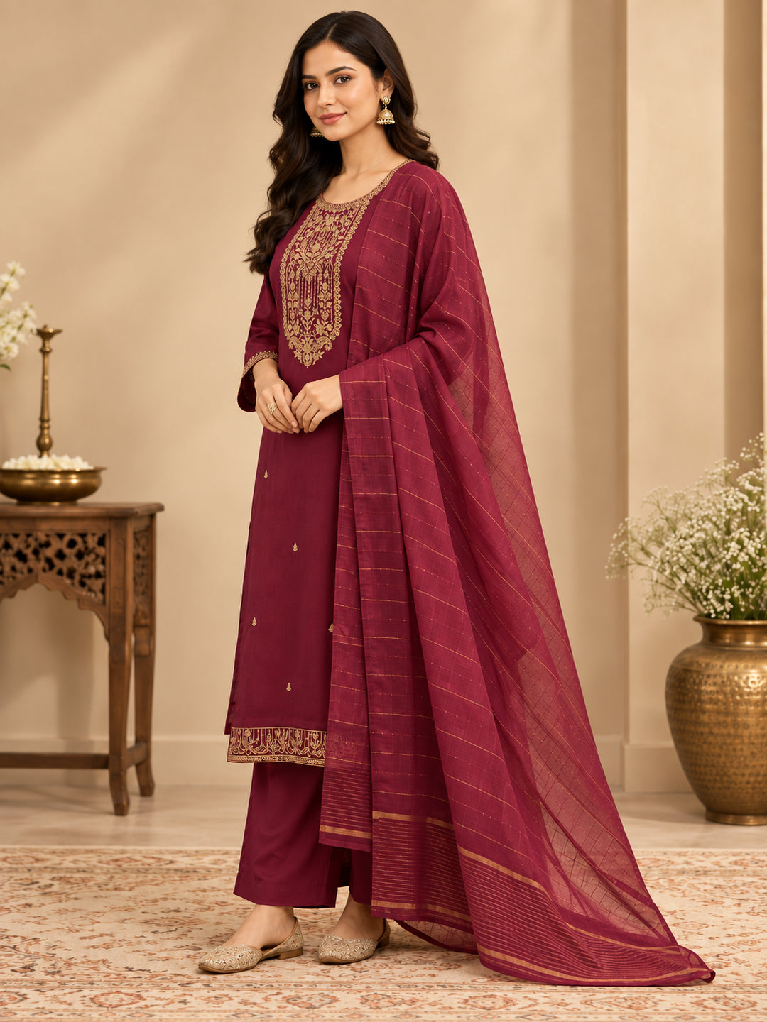 Floral Embroidered Straight Kurta & Trousers Sets