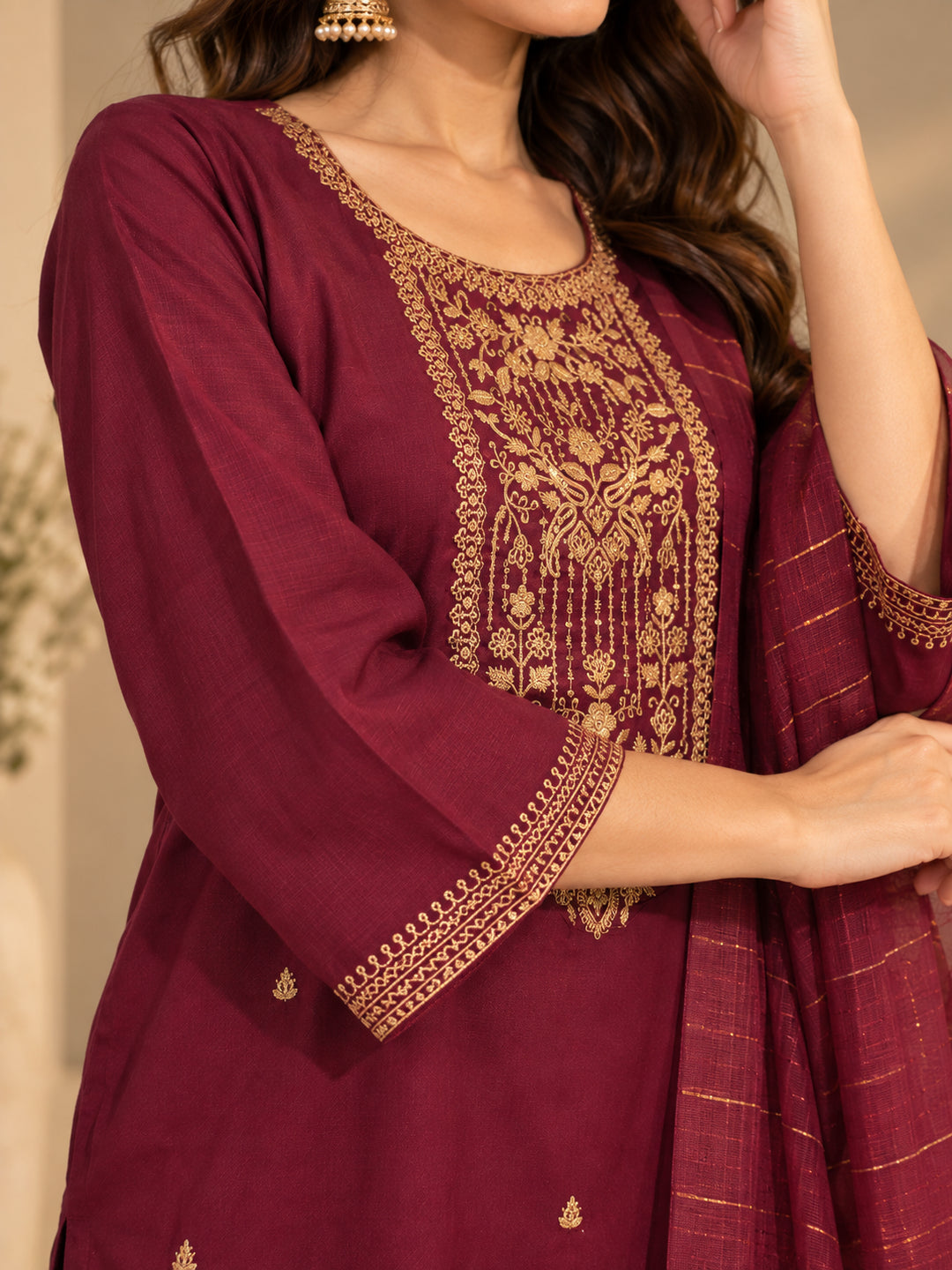 Floral Embroidered Straight Kurta & Trousers Sets