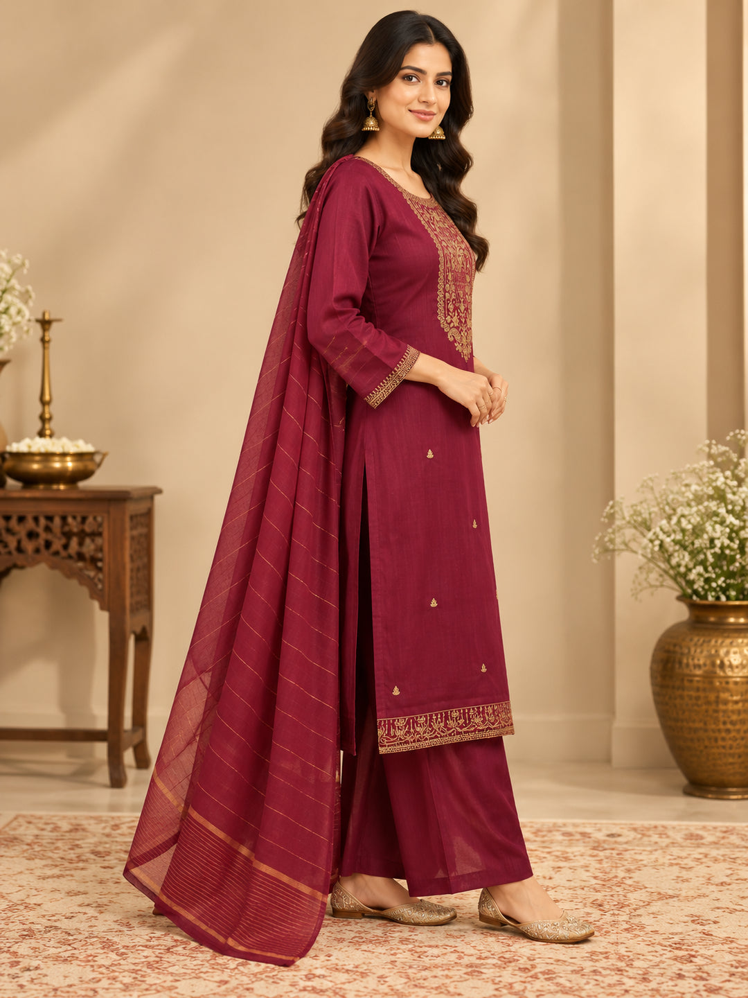 Floral Embroidered Straight Kurta & Trousers Sets