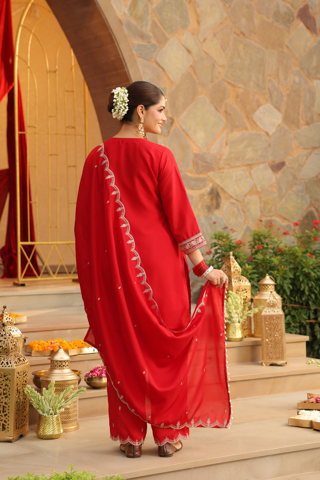 Floral Embroidered Straight Polki Silk Kurta & Trousers Sets