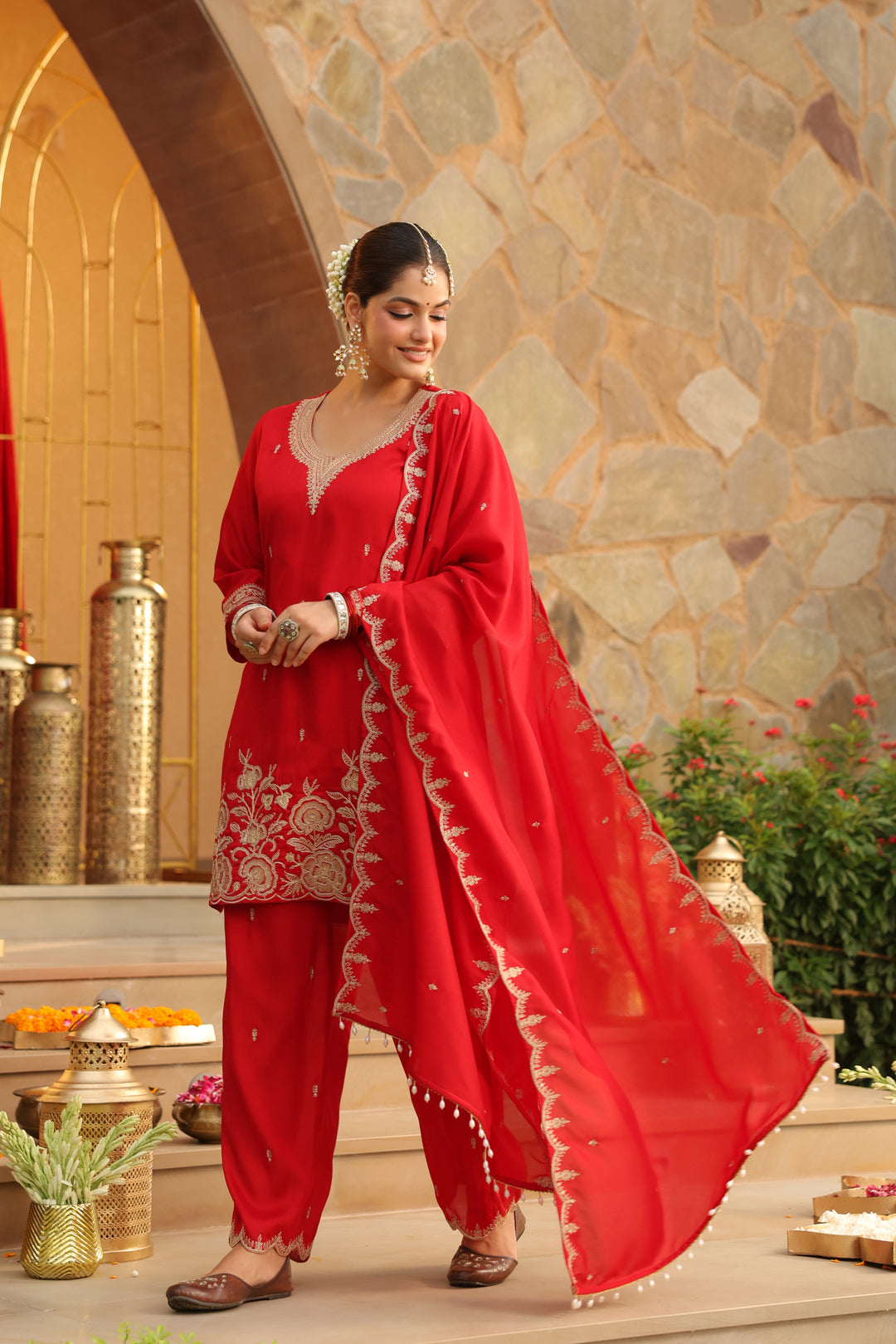 Floral Embroidered Straight Polki Silk Kurta & Trousers Sets